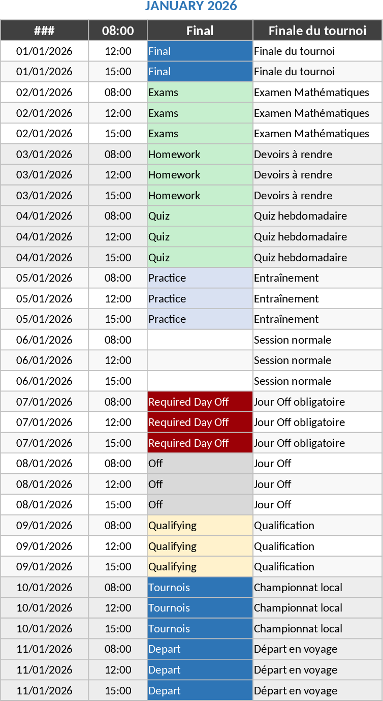 Professional Student-Athlete Academic and Athletic Performance Calendar Template