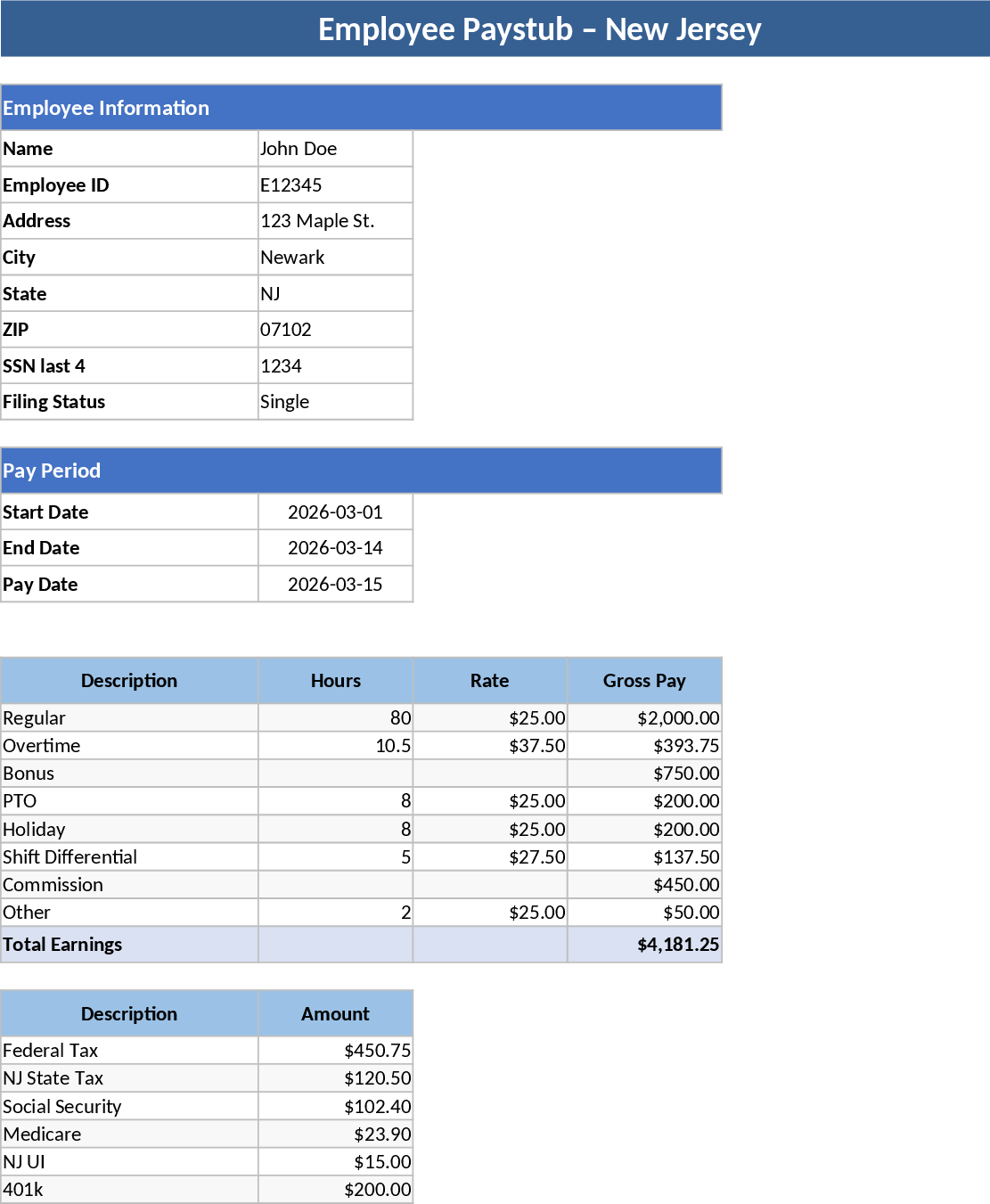 New Jersey Small Business Pay Stub Template