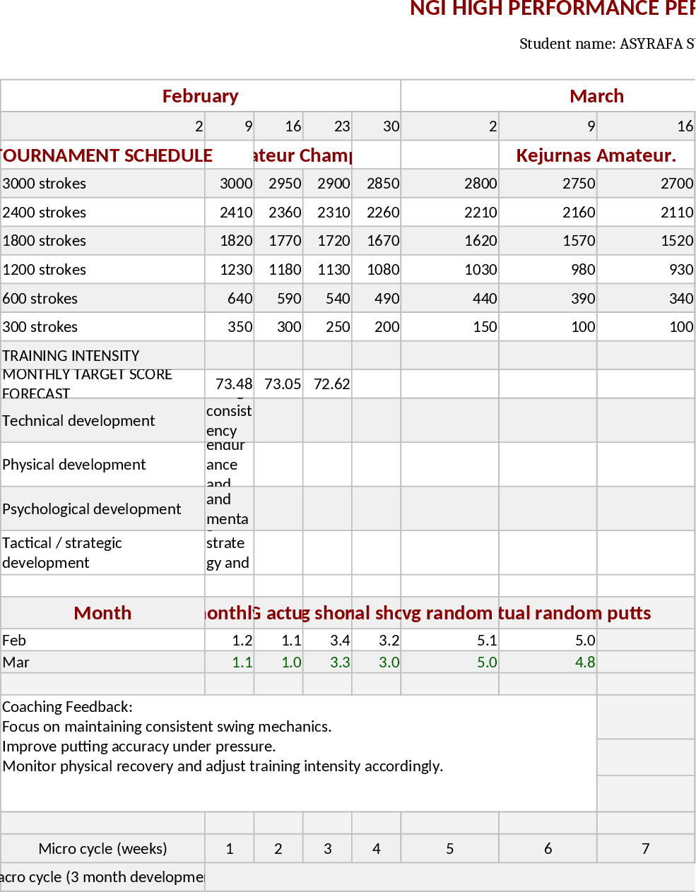 High Performance Golf Training Periodization and Performance Dashboard Template