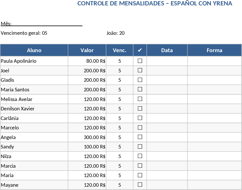月間学生支払管理 テンプレート