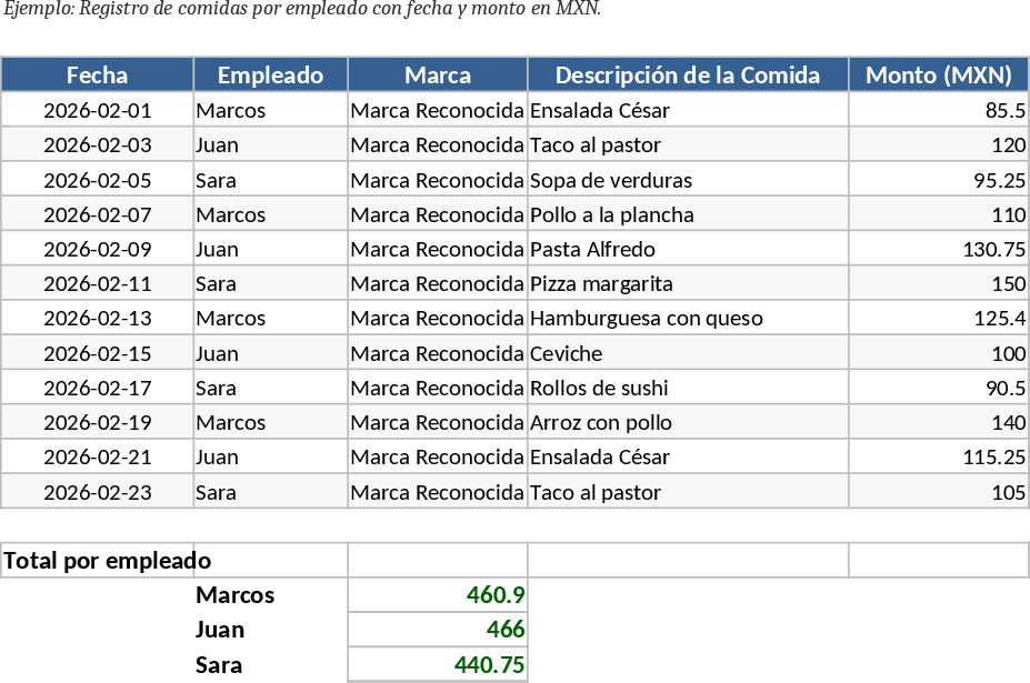 월간 직원 식비 추적 템플릿