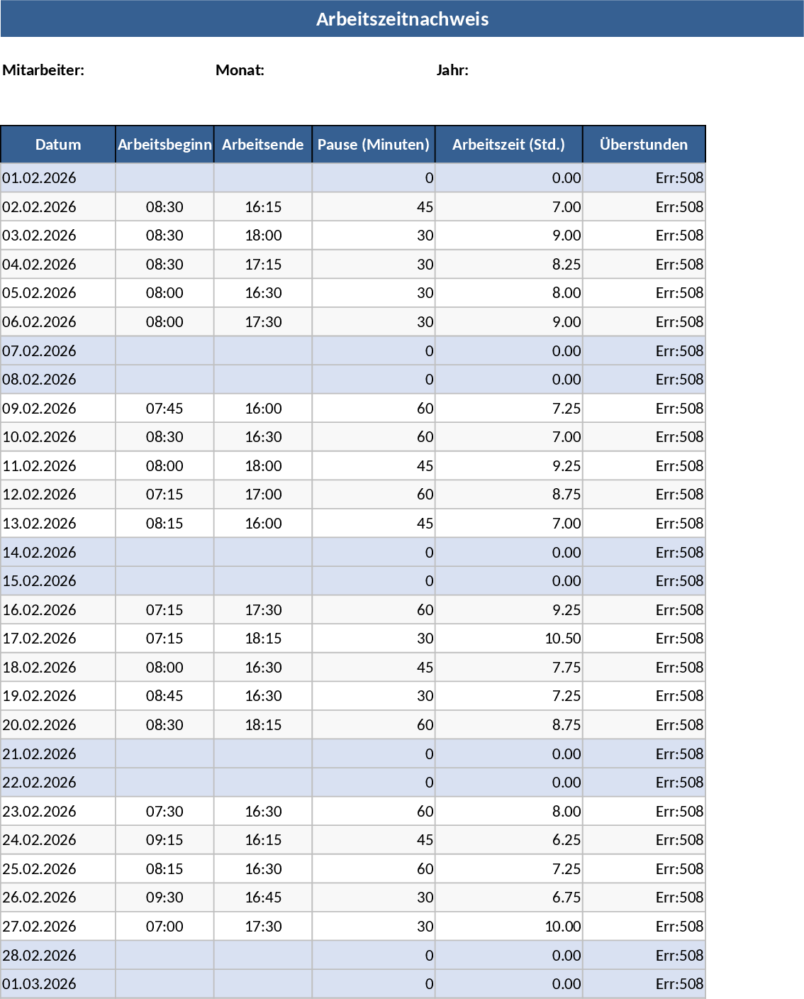 Automated Employee Timesheet with Overtime and Leave Tracking Template