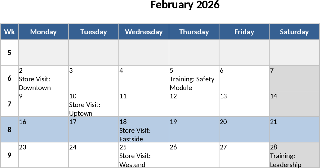 Monthly Training Calendar and Weekly Store Visit Schedule Template