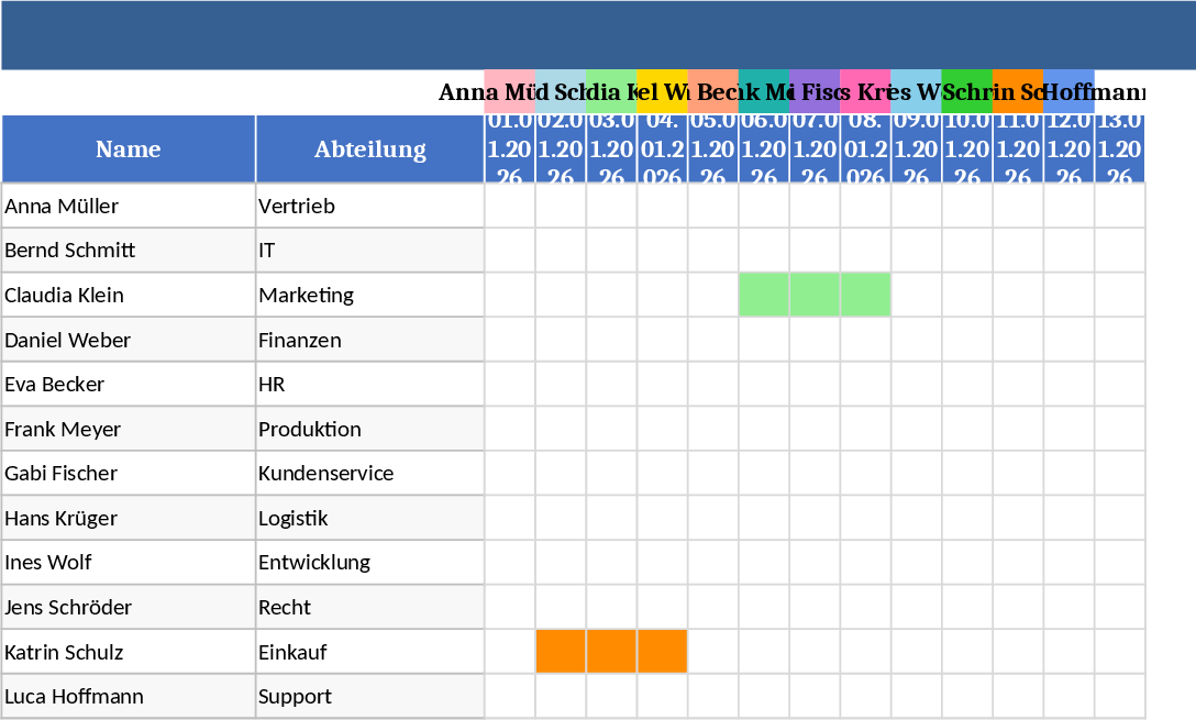 2026년 12인용 색상 구분 연차 관리 템플릿