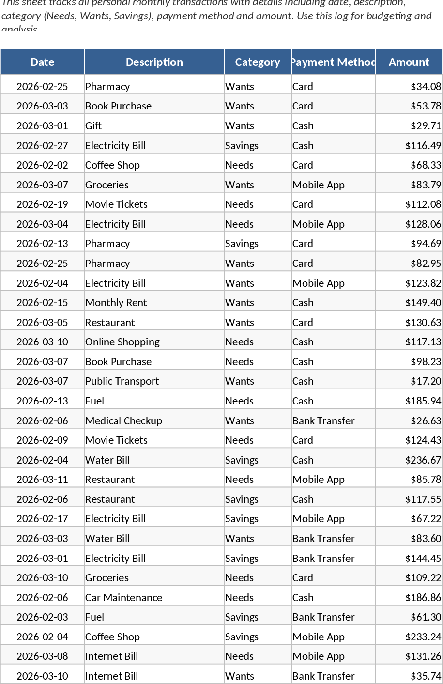 개인 월간 예산 추적기 및 대시보드 템플릿