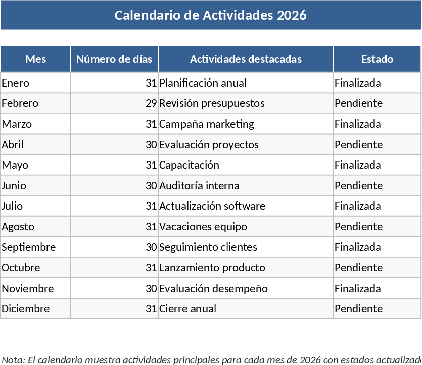 2026 Activity Calendar Template