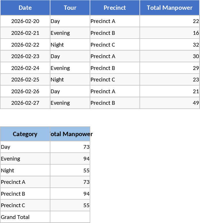 Police Detail Manpower by Precinct and Tour Template