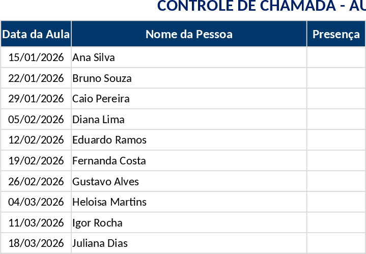 Modelo de Controle de Presença e Caderno - Aula de Fotografia Modelo
