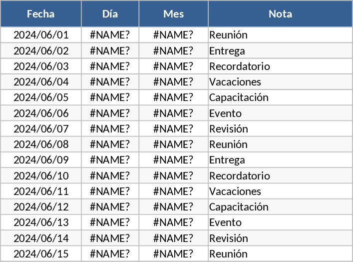 Calendrier dynamique avec notes Modèle