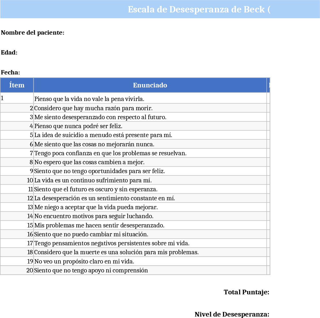 Beck Hopelessness Scale BHS Assessment Template