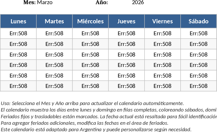 Calendário Mensal Argentina – Ramallo Modelo