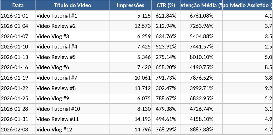 Professional Video Performance and Metrics Tracker Template