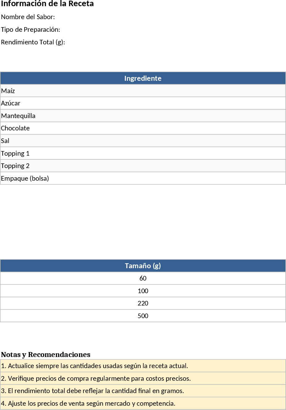 Calculateur de Coût et Profit Popcorn Gourmet Modèle