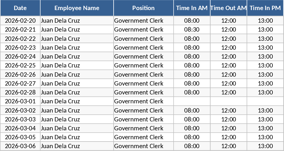 Automated Government Format Daily Time Record (DTR) Template