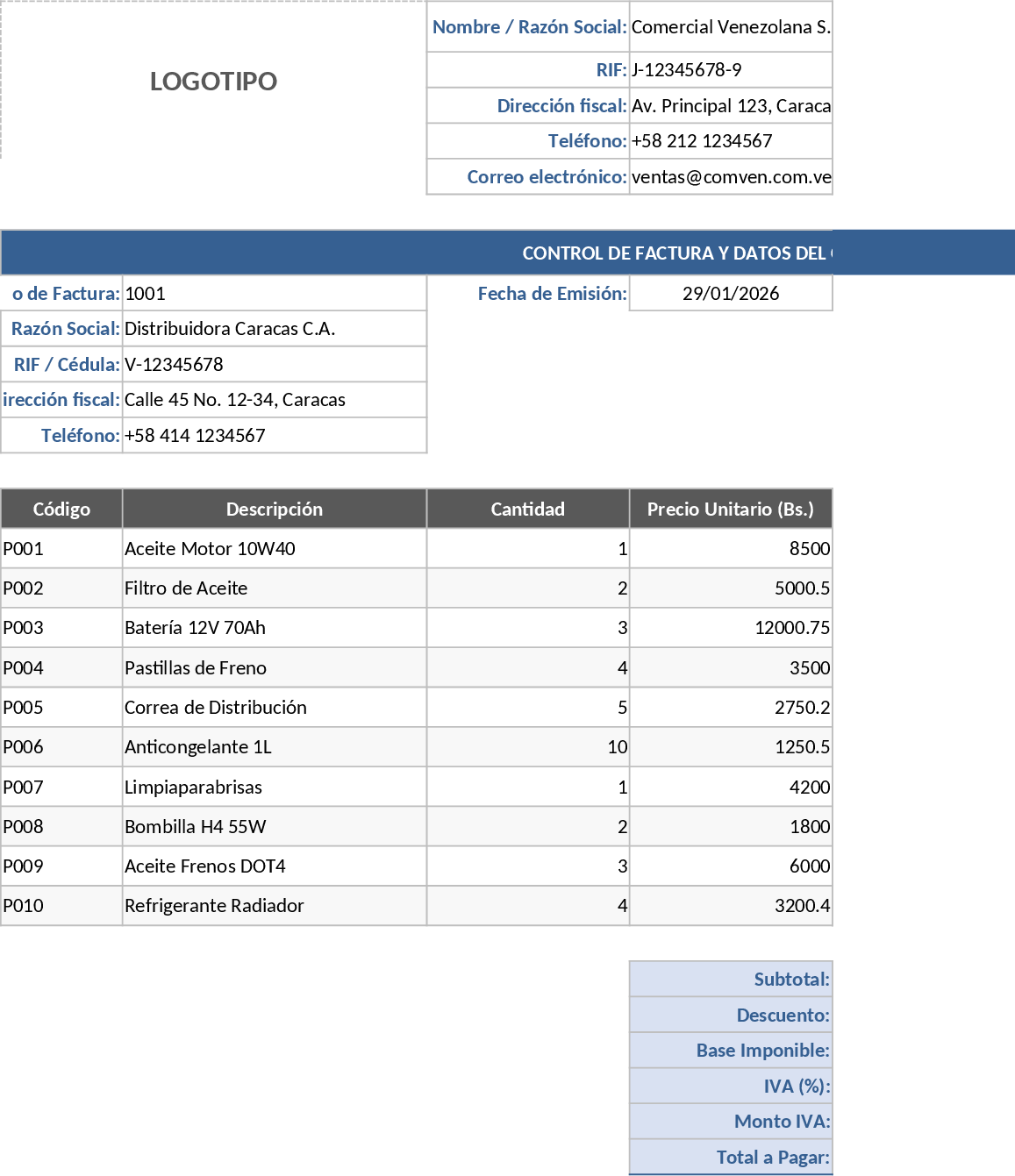 Professional Venezuelan Sales Invoice with Internal Control Template