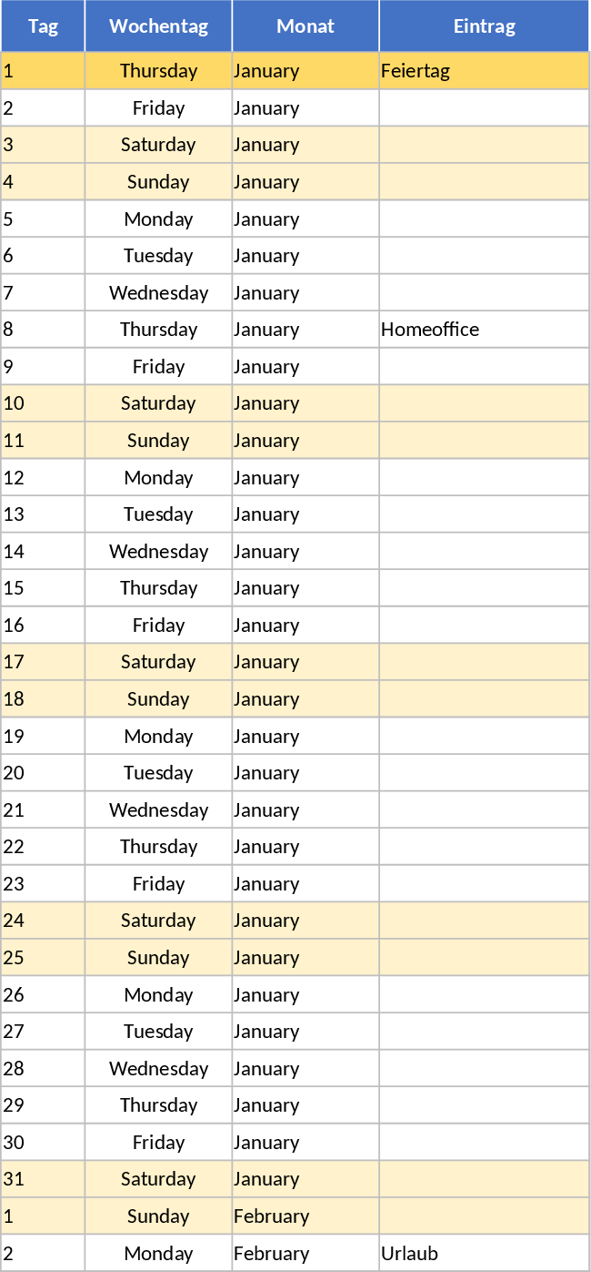 Yearly Vacation Calendar Template