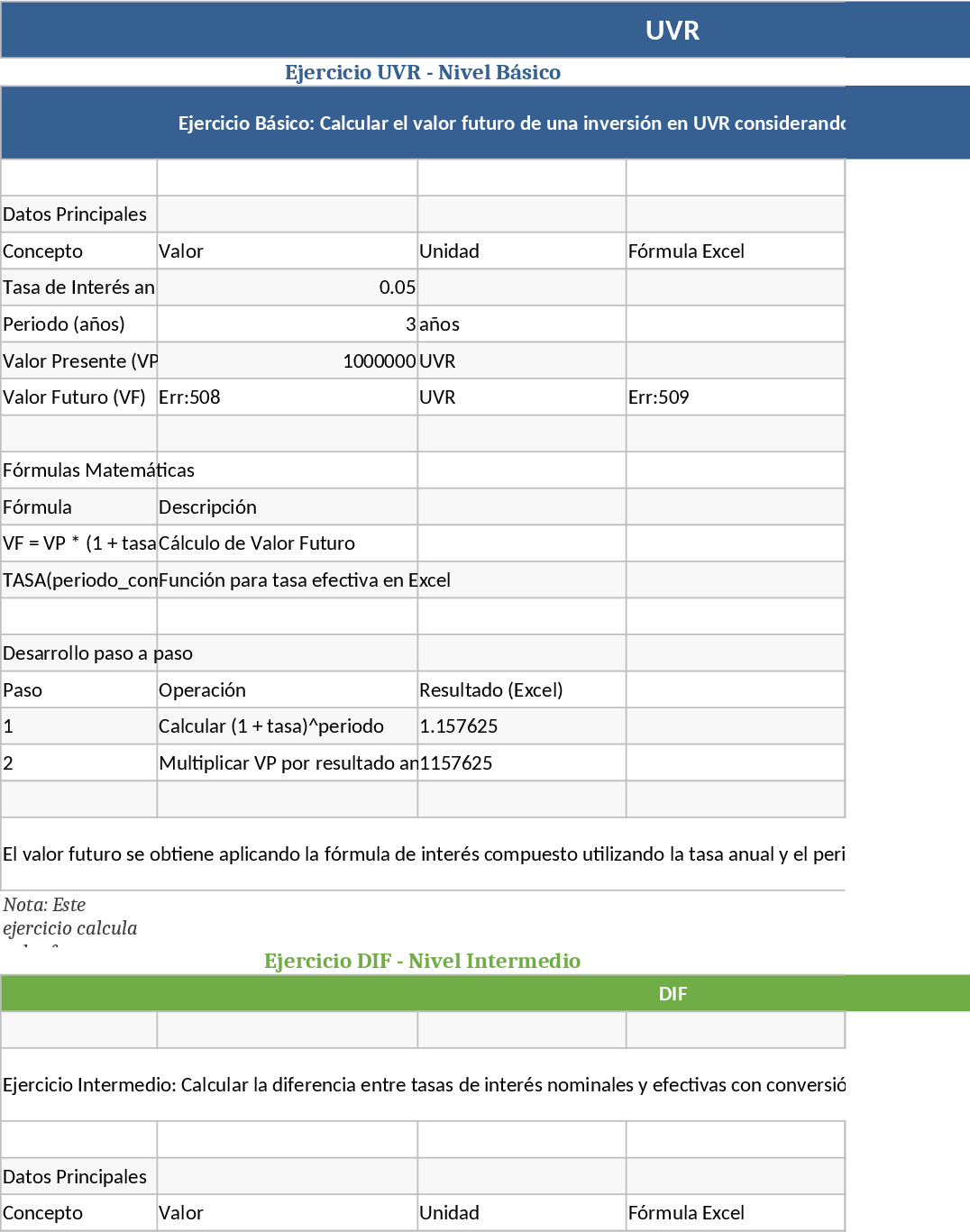 Financial Math Exercise Sheet: UVR, DIF & Crédito de Moneda Exterior Template