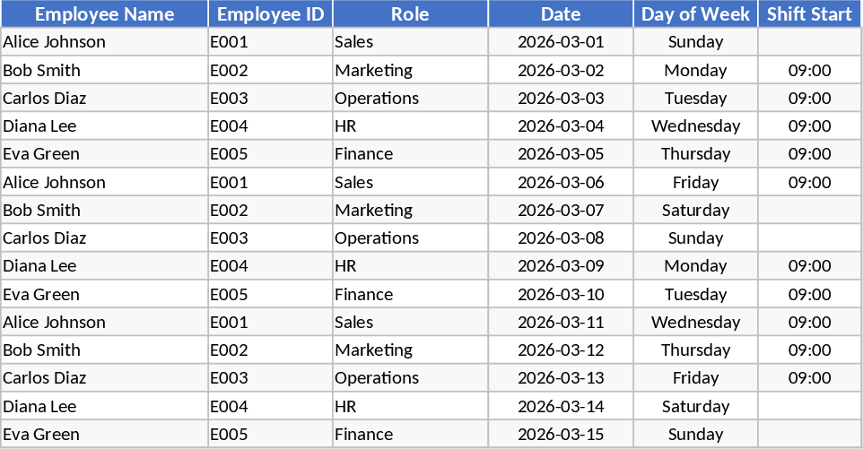 자동 직원 근무표 및 근무시간 추적 템플릿