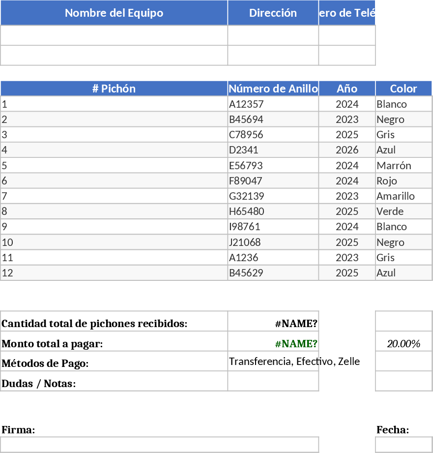Del Toro Pigeons Derby Loft Entry and Payment Tracking Template