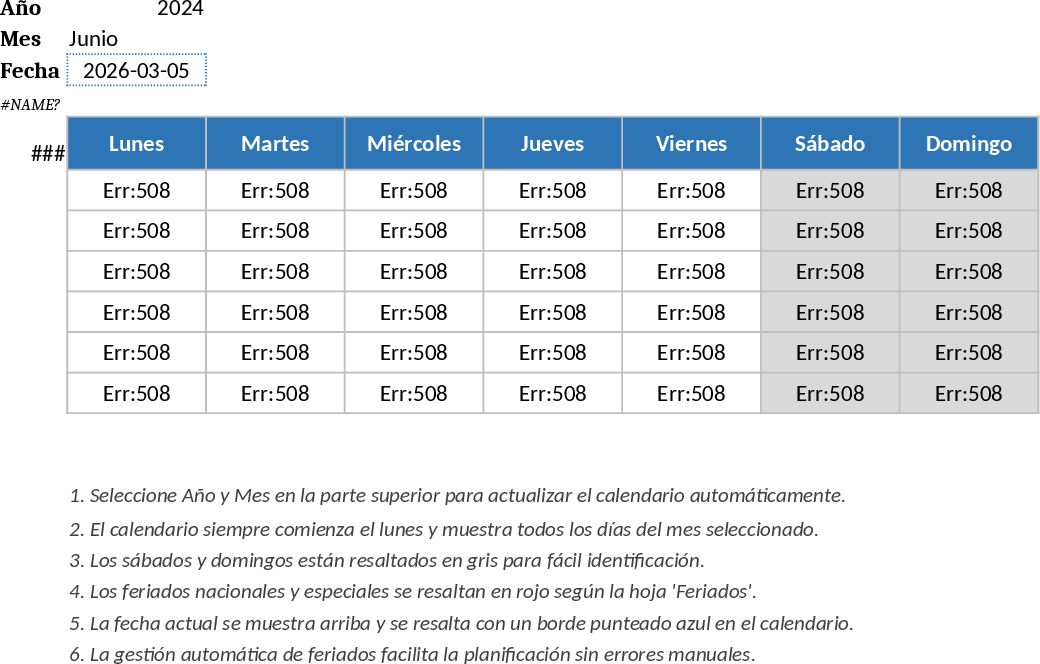 アルゼンチン・ラマヨ地区 動的月間カレンダー テンプレート