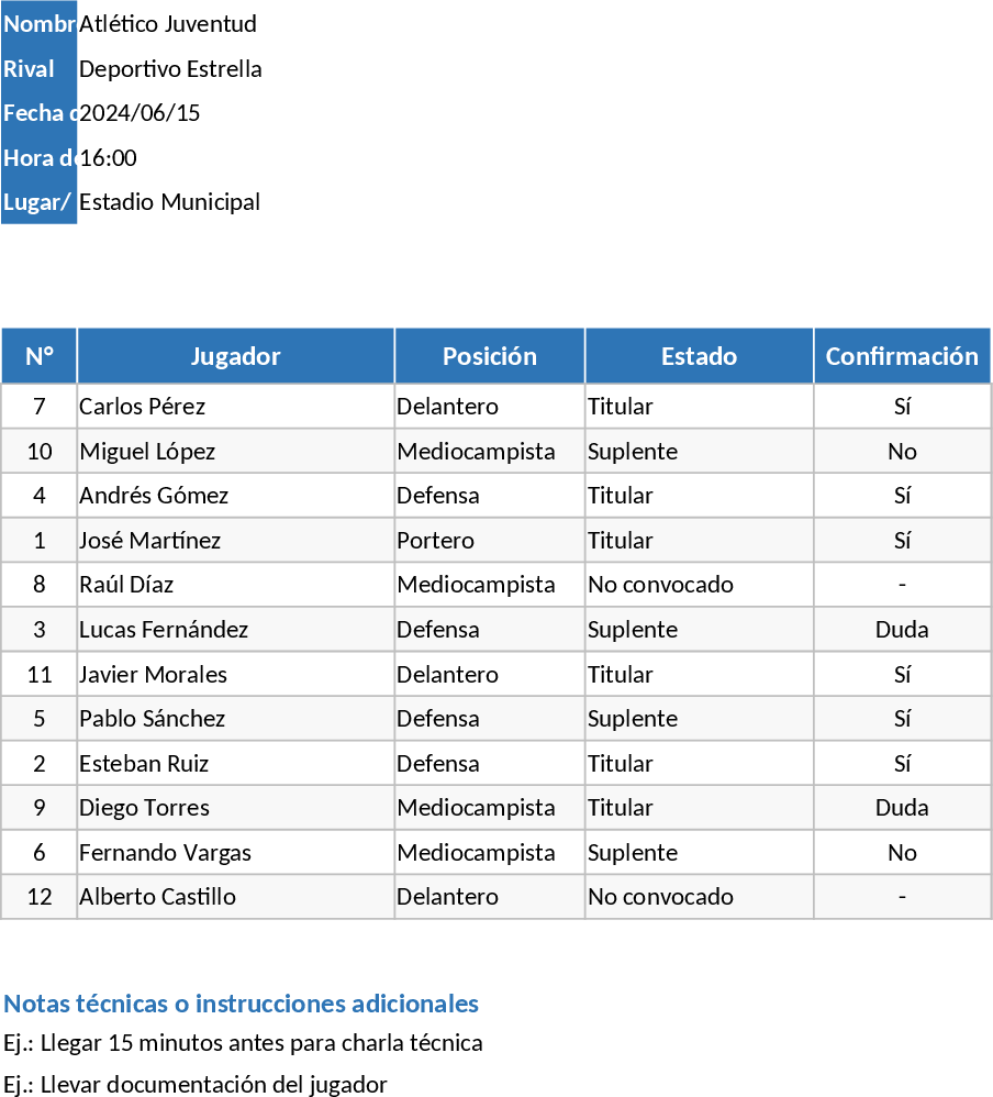 Sports Team Match Day Call-up Template