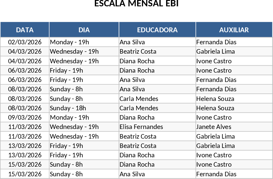 Automated EBI Monthly Teacher and Assistant Schedule Template