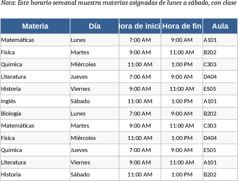 Horario Matutino Semanal Plantilla